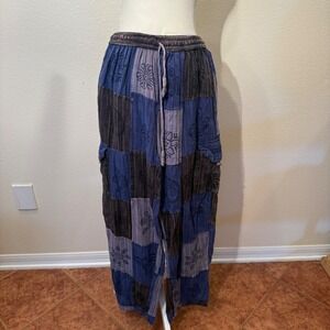Boho Patchwork Cargo Pants Blue Grey Block Print Hippie Wide Leg Festival Pants